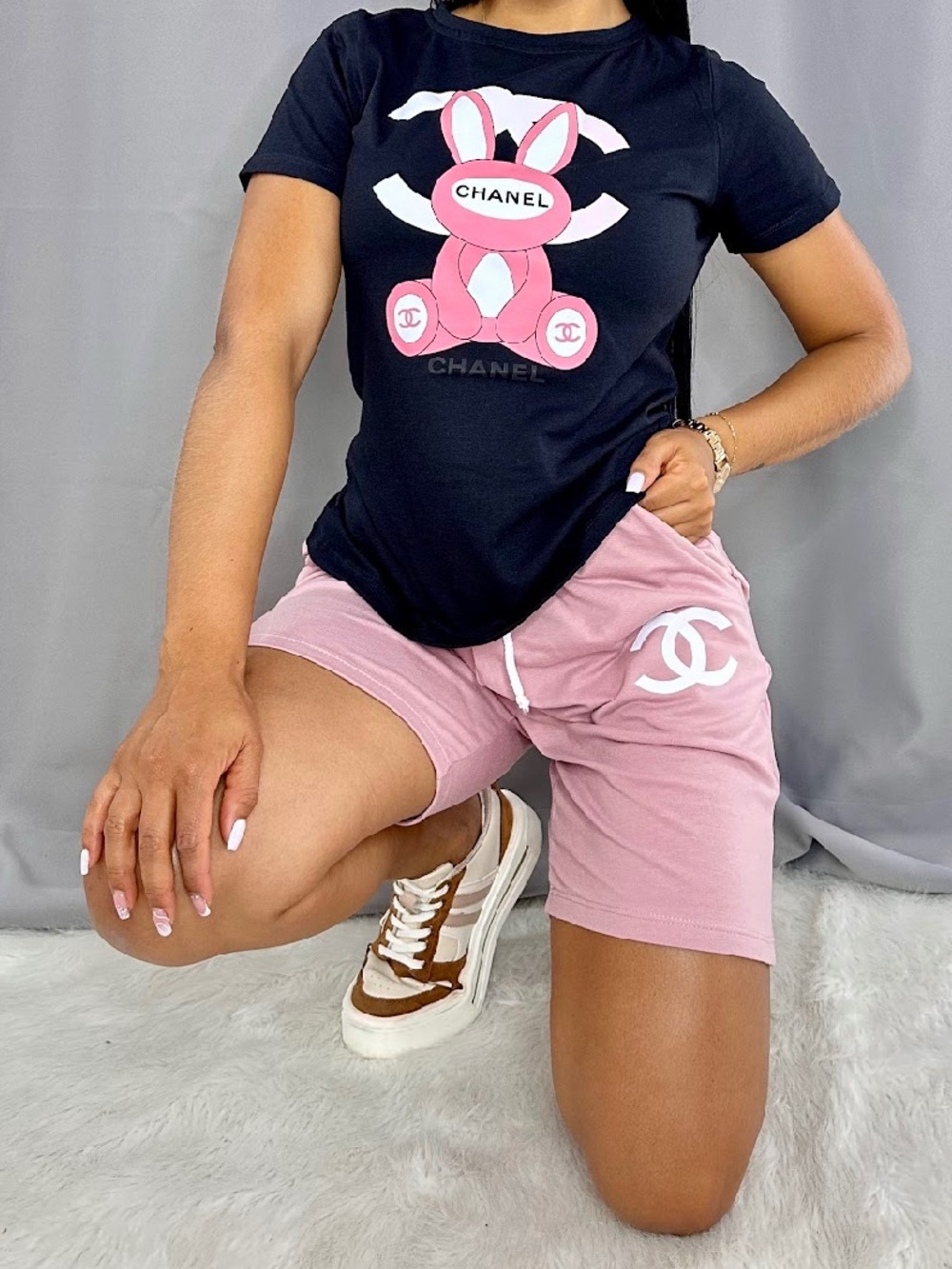 Black T-shirt with Dark Coral Bunny Graphic